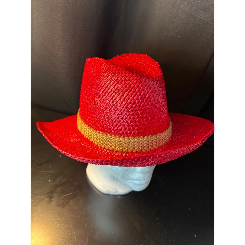 Red Straw Cowboy Hat with Woven Band and Feather Accent Western Style Fedora